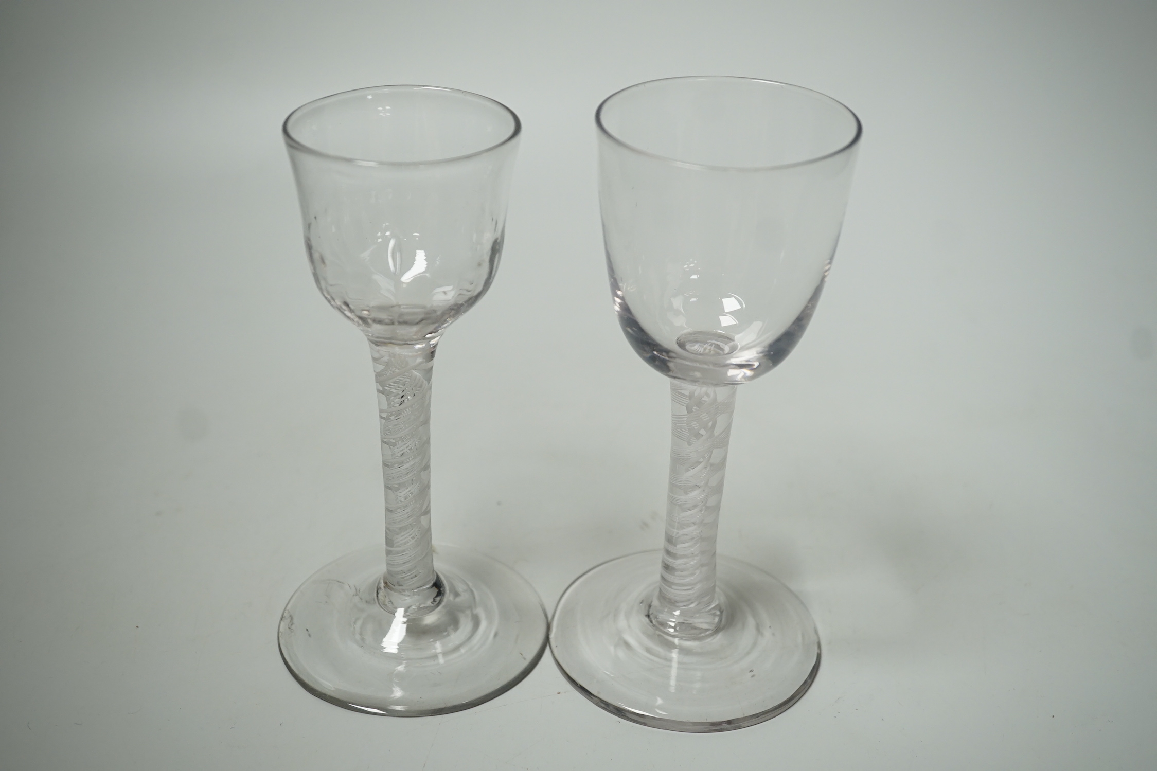 Two George III opaque twist cordial glasses, 14cm